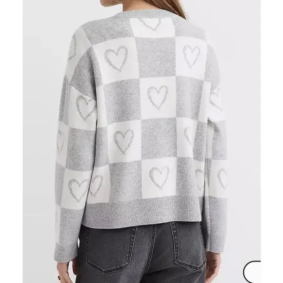 NWT LOFT Gray Heart Checkered Love thick soft Sweater Size Large MSRP $89.95 - Picture 3 of 8